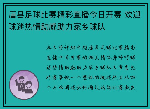 唐县足球比赛精彩直播今日开赛 欢迎球迷热情助威助力家乡球队